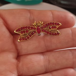 Vintage Gold Tone with Deep Red Rhinestones Winged Insect Brooch, Mid Century Brooch, Stamped Made in the USA