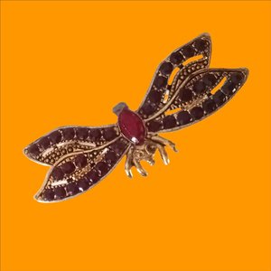 Vintage Gold Tone with Deep Red Rhinestones Winged Insect Brooch, Mid Century Brooch, Stamped Made in the USA