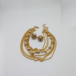 Mid Century Gold Tone Multi-strand Necklace and Clip-on Earrings Jewelry Set