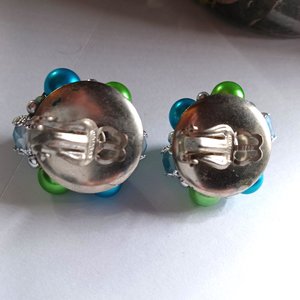 Mid Century Crystal, Teal and Neon Green Jewelry Set, Necklace Bracelets and Earrings
