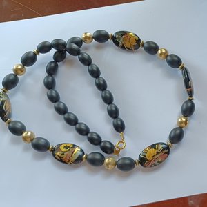 Asian Hand Painted Black Beads Long Necklace
