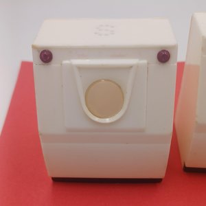 Small Plastic White Westinghouse Washer and Dryer Salt and Pepper Shaker Set, Mid Century
