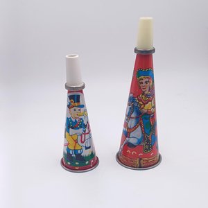 Pair of  1950's Tin Toy Litho Noise Maker Birthday Party Horns