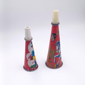 Pair of  1950's Tin Toy Litho Noise Maker Birthday Party Horns