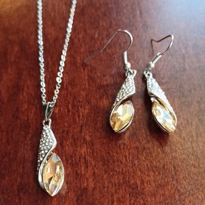 Silver Tone Large Champagne Navette and Pave Rhinestones Pendant, Chain and Matching Dangle Earrings