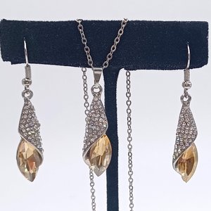 Silver Tone Large Champagne Navette and Pave Rhinestones Pendant, Chain and Matching Dangle Earrings
