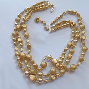 Vintage Three Strand Gold Tone Mid Century Beaded Necklace, Japan