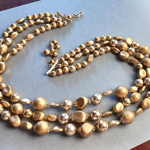 Vintage Three Strand Gold Tone Mid Century Beaded Necklace, Japan
