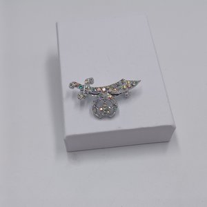 Shriner Masonic Scimitar Crescent & Star Over 30 AB Rhinestones Silver Tone Pin