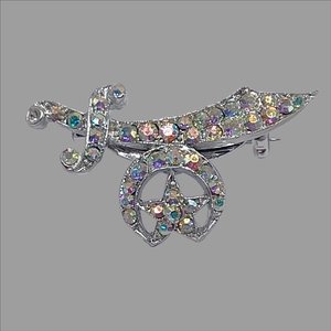 Shriner Masonic Scimitar Crescent & Star Over 30 AB Rhinestones Silver Tone Pin