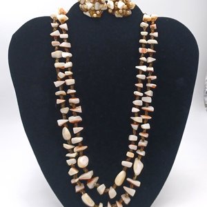 Vintage Multi-strand Mother Of Pearl  and Shell Beaded Necklace and Clip-on Earrings Jewelry Set