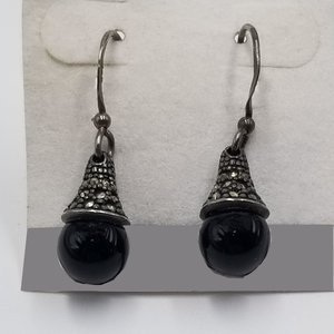 Art Deco Sterling Silver, Black Onyx and Marcasite Dangle Drop Pierced Earrings