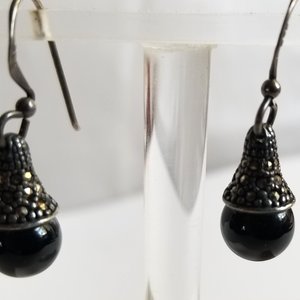 Art Deco Sterling Silver, Black Onyx and Marcasite Dangle Drop Pierced Earrings
