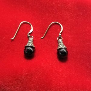 Art Deco Sterling Silver, Black Onyx and Marcasite Dangle Drop Pierced Earrings