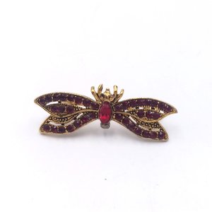 Vintage Gold Tone with Deep Red Rhinestones Winged Insect Brooch, Mid Century Brooch, Stamped Made in the USA