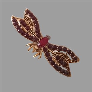 Vintage Gold Tone with Deep Red Rhinestones Winged Insect Brooch, Mid Century Brooch, Stamped Made in the USA