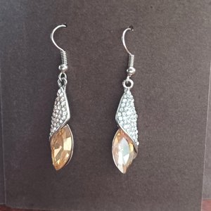 Silver Tone Large Champagne Navette and Pave Rhinestones Pendant, Chain and Matching Dangle Earrings