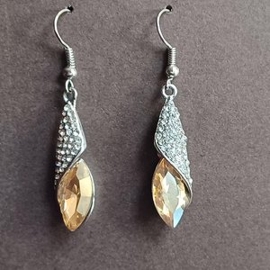 Silver Tone Large Champagne Navette and Pave Rhinestones Pendant, Chain and Matching Dangle Earrings