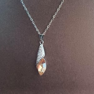 Silver Tone Large Champagne Navette and Pave Rhinestones Pendant, Chain and Matching Dangle Earrings