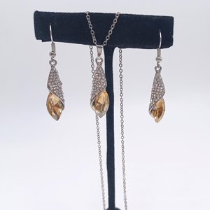 Silver Tone Large Champagne Navette and Pave Rhinestones Pendant, Chain and Matching Dangle Earrings