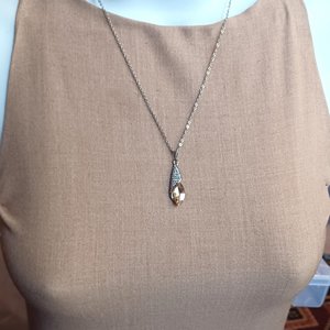 Silver Tone Large Champagne Navette and Pave Rhinestones Pendant, Chain and Matching Dangle Earrings