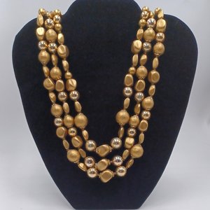 Vintage Three Strand Gold Tone Mid Century Beaded Necklace, Japan