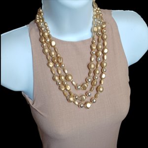 Vintage Three Strand Gold Tone Mid Century Beaded Necklace, Japan