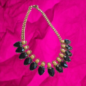 Gold Tone with Faceted Black and Yellow Cabochons Statement Necklace