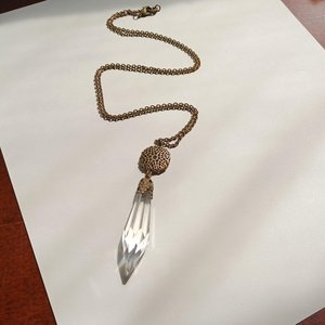 Vintage Ornate Bronze Tone Victorian Revival Perfectly Faceted True Crystal Pendulum Fob Necklace