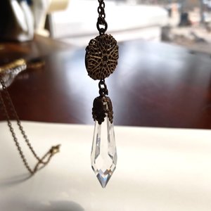 Vintage Ornate Bronze Tone Victorian Revival Perfectly Faceted True Crystal Pendulum Fob Necklace