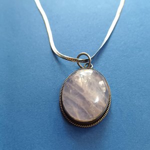 Sterling Silver  and Large Rose Quartz Oval Bezel Set Cabochon Pendant Necklace