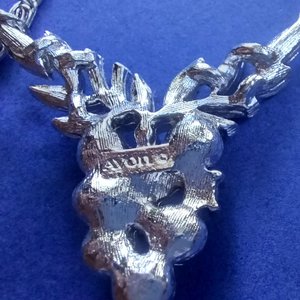 AVON Silver Tone Snail Chain With Faux Pearl and Rhinestones Grapes Center Pendant