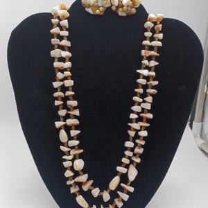 Vintage Multi-strand Mother Of Pearl  and Shell Beaded Necklace and Clip-on Earrings Jewelry Set