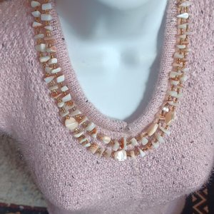 Vintage Multi-strand Mother Of Pearl  and Shell Beaded Necklace and Clip-on Earrings Jewelry Set