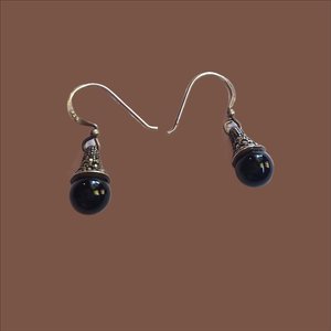 Art Deco Sterling Silver, Black Onyx and Marcasite Dangle Drop Pierced Earrings