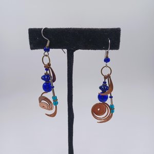 Stunning Artisan Copper and Cobalt Blue Glass Geometric Dangle and Drop Pierced Earrings