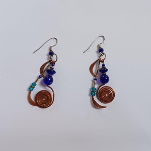 Stunning Artisan Copper and Cobalt Blue Glass Geometric Dangle and Drop Pierced Earrings