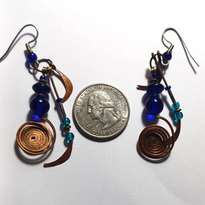 Stunning Artisan Copper and Cobalt Blue Glass Geometric Dangle and Drop Pierced Earrings