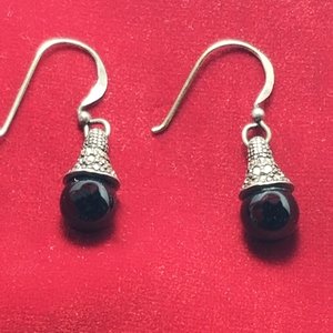 Art Deco Sterling Silver, Black Onyx and Marcasite Dangle Drop Pierced Earrings