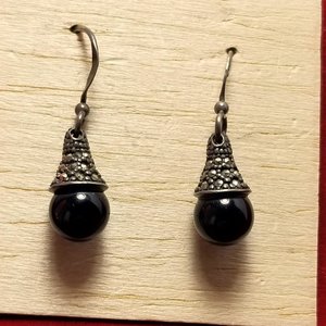 Art Deco Sterling Silver, Black Onyx and Marcasite Dangle Drop Pierced Earrings