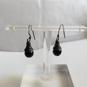 Art Deco Sterling Silver, Black Onyx and Marcasite Dangle Drop Pierced Earrings