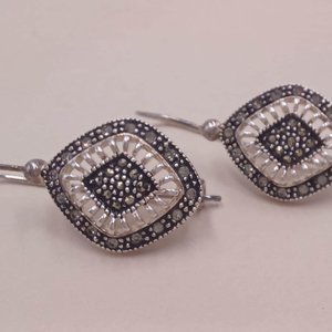 Nevada Silver Mine Sterling Silver and Marcasite Diamond Shape Open Work Ladies Pierced Dangle Earrings