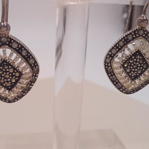 Nevada Silver Mine Sterling Silver and Marcasite Diamond Shape Open Work Ladies Pierced Dangle Earrings