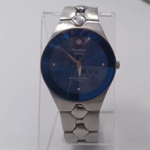 Armitron Diamond Mens Blue Face Link Bracelet Quartz Watch, New Battery