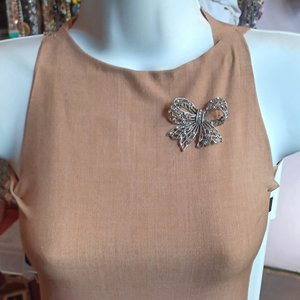 Vintage Liz Claiborne Silver Tone and Rhinestones Openwork Bow Brooch, 1980's Brooch