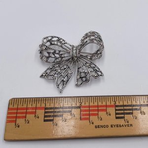 Vintage Liz Claiborne Silver Tone and Rhinestones Openwork Bow Brooch, 1980's Brooch