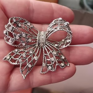 Vintage Liz Claiborne Silver Tone and Rhinestones Openwork Bow Brooch, 1980's Brooch