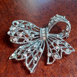 Vintage Liz Claiborne Silver Tone and Rhinestones Openwork Bow Brooch, 1980's Brooch