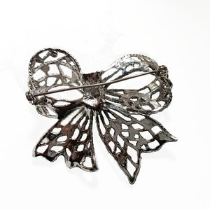 Vintage Liz Claiborne Silver Tone and Rhinestones Openwork Bow Brooch, 1980's Brooch