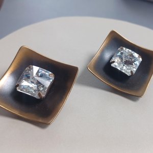 Striking Large Vintage Bronze Tone Large Rhinestone Clip On Earrings, Mid Century, Estate Jewelry, High End
